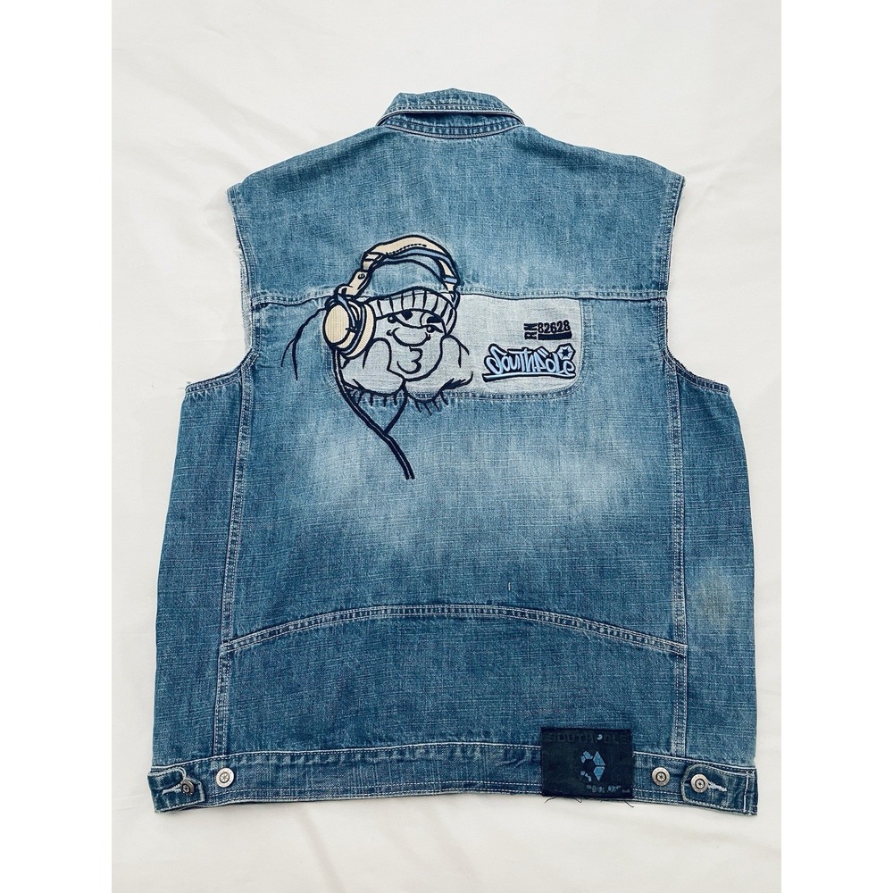 Vintage Y2K SOUTHPOLE Embroidered Denim Vest M Oversized Hip Hop Streetwear